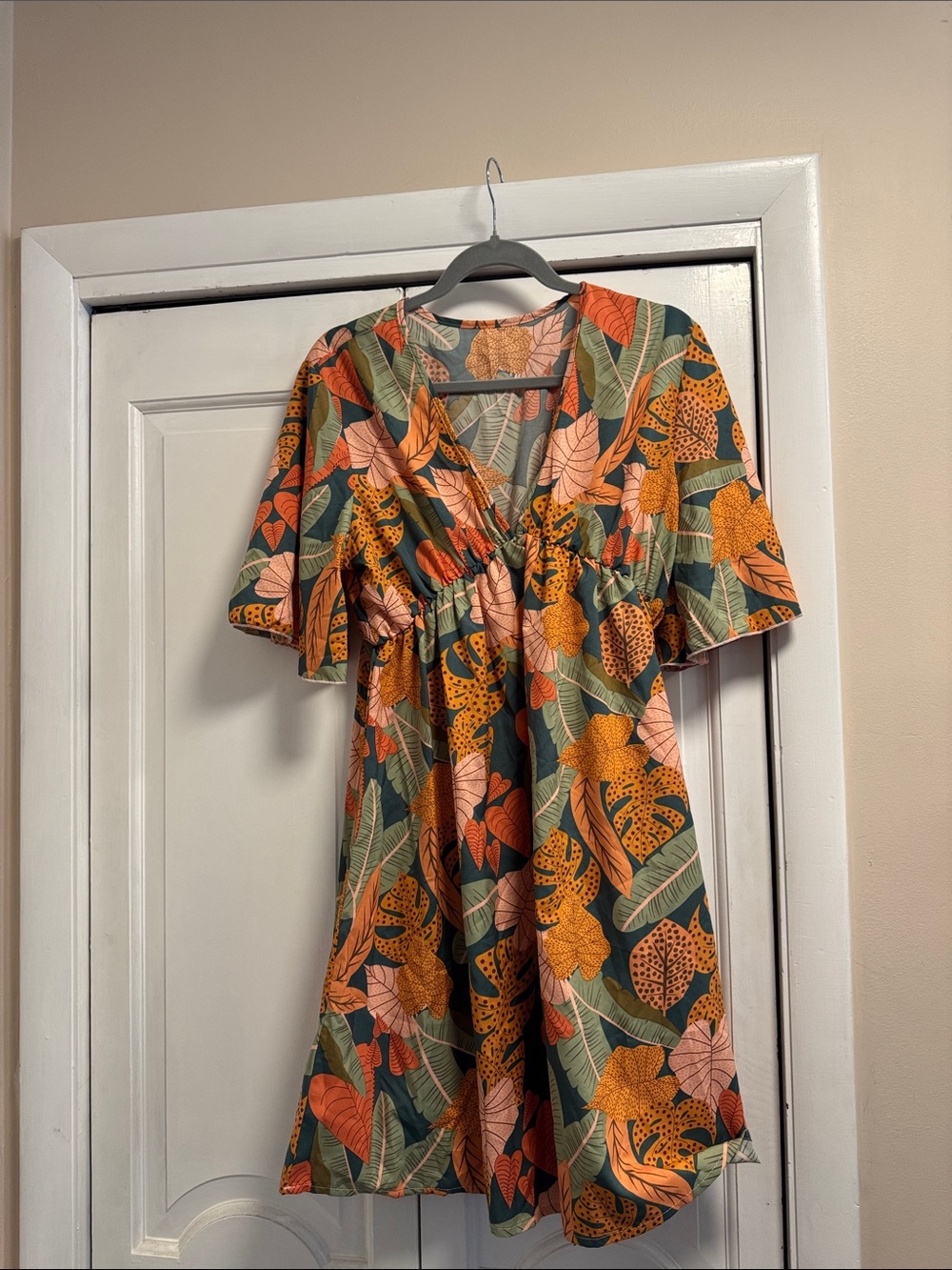 Tropical Leaf Print V-Neck Mini Dress in Green, Orange & Pink